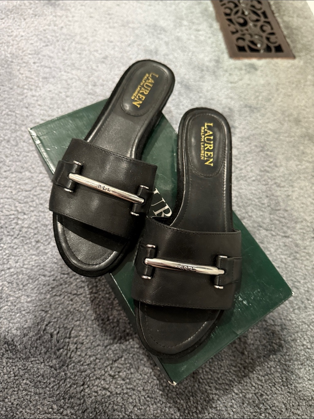 Lauren Ralph Lauren Black Leather Slide Mules with Silver Buckle
